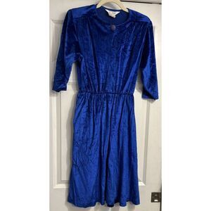 Vtg 70s Velvet Velour Blue Dress Sz 10 Midi Elastic Waist Big Button‎ Blair USA